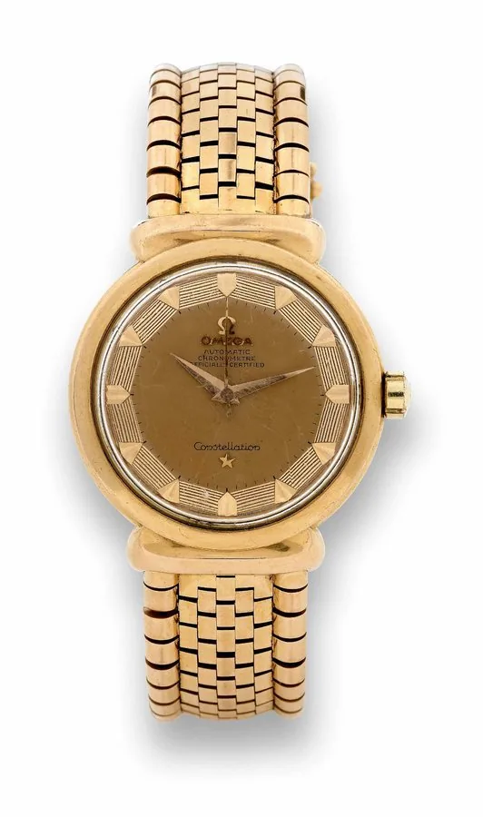 OMEGA PINK GOLD GRAND LUXE CONSTELLATION Omega, 'Chronomètre Officially Certified, Constellation,' No. 14311276, case No. 11400538, Ref. 14355 SC. Made circa 1954. Very fine and rare, elegant, self-winding, center seconds, water-resistant, 18K pink gold wristwatch with an articulated 18K pink gold Constellation snake bracelet with slide-in clasp.