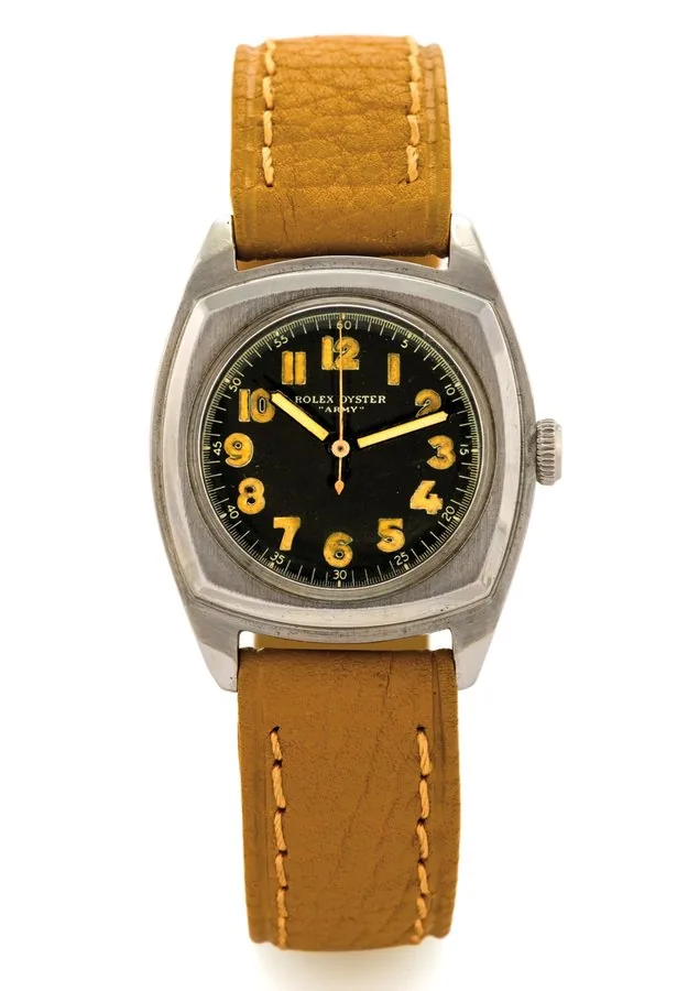 ROLEX REF. 3139 STEEL OYSTER "ARMY" Rolex "Oyster ARMY," case No. 382045, Ref. 3139. Made in the 1930's. Fine, tonneau-shaped, center seconds, water-resistant stainless steel wristwatch with a stainless steel Rolex buckle.