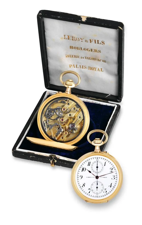 L. Leroy & Cie, Anti-Magnetic chronograph L. Leroy & Cie a Paris, 'Chronographe Ecran Paramagnétique', No. 68521, case No. 146857. Made in 1911. Very fine and extremely rare, very early antimagnetic, 18K yellow gold, keyless pocket watch with chronograph and instantaneous 30-minute register. Accompanied by the original Leroy fitted box.