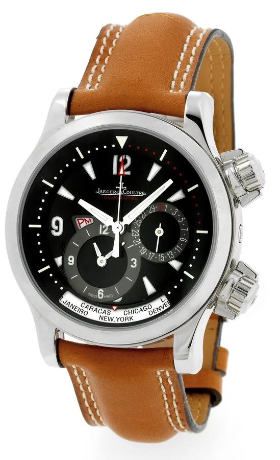 Master Compressor Geographic Jaeger-LeCoultre, "Master Compressor Geographic - 1000 Hours," Ref. 146.8.83. Made in the early 2000s. Very fine, large, two time zone, center seconds, self-winding, water-resistant, stainless steel wristwatch with date, world time display with 24 time zones, AM/PM indication, 2 crowns and a stainless steel Jaeger-LeCoultre deployant clasp. Accompanied by the original box and instruction booklet.