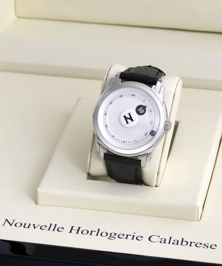 NHC Wandering Jump Hour Date Nouvelle Horlogerie Calabrese (NHC), "Wandering Jump Hour and Date", No. AN 0364. Made circa 2007. Fine and unusual, center-logo seconds, self-winding, water-resistant, stainless steel wristwatch with wandering jump hours and date. Accompanied by an NHC fitted box. To be sold without reserve