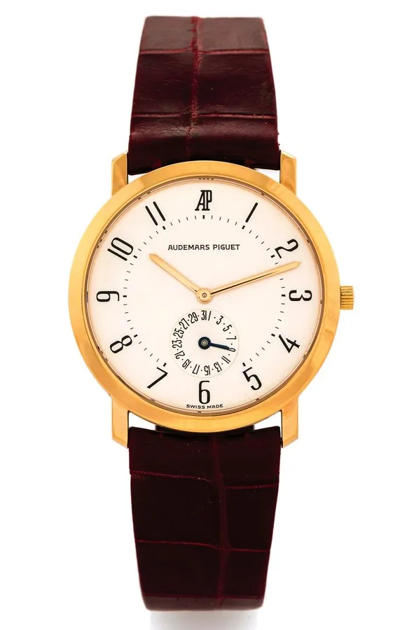 AUDEMARS PIGUET DATE PINK GOLD Audemars Piguet, Genève, "Date", movement No. 337687, case No. C 75936. Made in the 1990s. Fine, 18K pink gold wristwatch with date and an 18K pink gold Audemars Piguet buckle.