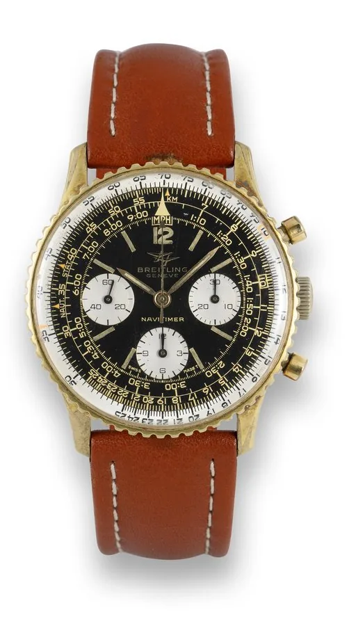Breitling Gold-Plated Navitimer Breitling, Genève, "Navitimer," case No. 1146059, Ref. 806. Made in the late 1960s. Fine, large, water-resistant, gold-plated and stainless steel wristwatch with round button chronograph, registers, tachometer, telemeter and slide-rule with a stainless steel Breitling buckle.