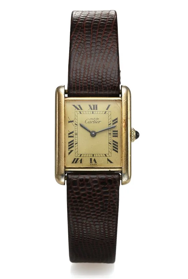 CARTIER TANK STERLING SILVER GOLD PLATED Must de Cartier, Paris, Tank, case No. 6 094929. Made in the 1980's. Fine, rectangular, gold-plated sterling silver wristwatch with a gold-plated Cartier buckle. Dial, case, and movement signed.