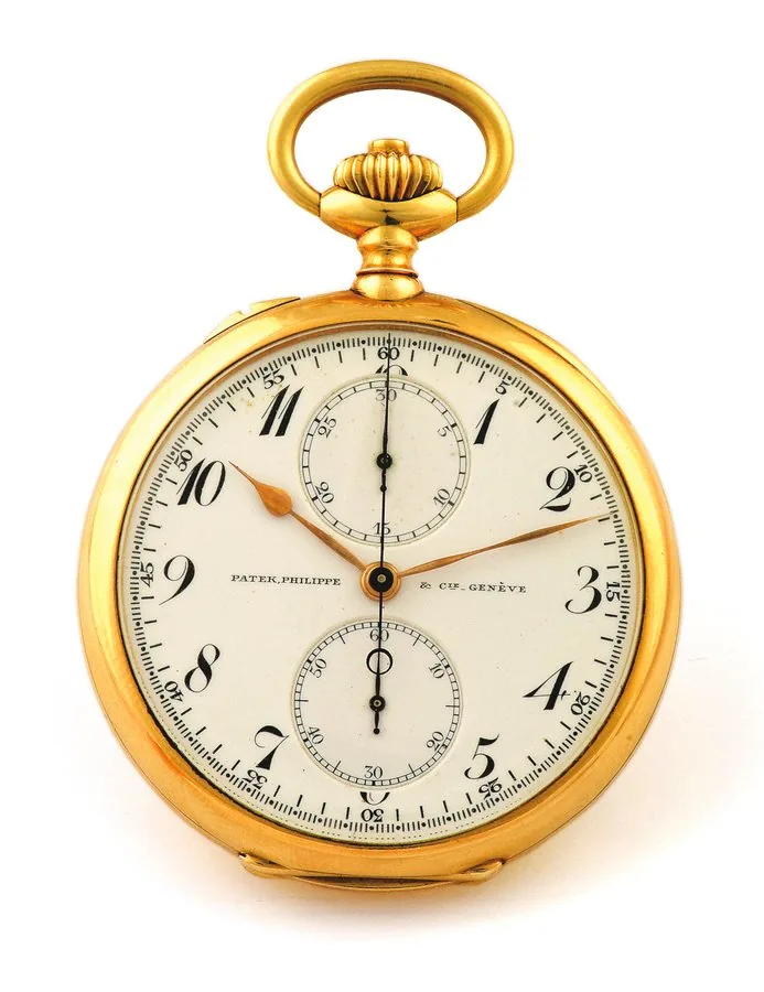 Patek Philippe Yellow Gold Chronograph with Breguet Numerals Patek Philippe & Cie, 'Genève', movement No. 156620, case No. 272501. Made circa 1910. Very fine and rare, 18K yellow gold keyless, pocket watch with chronograph.
