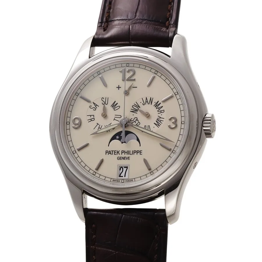 PATEK PHILIPPE REF. 5146 WHITE GOLD Patek Philippe, Genève, Ref. 5146G. Made circa 2006. Very fine, astronomic, center seconds, self-winding, water-resistant, 18K white gold wristwatch with annual calendar, moon phases, power reserve indication and an 18K white gold Patek Philippe deployant clasp. Accompanied by a fitted box.