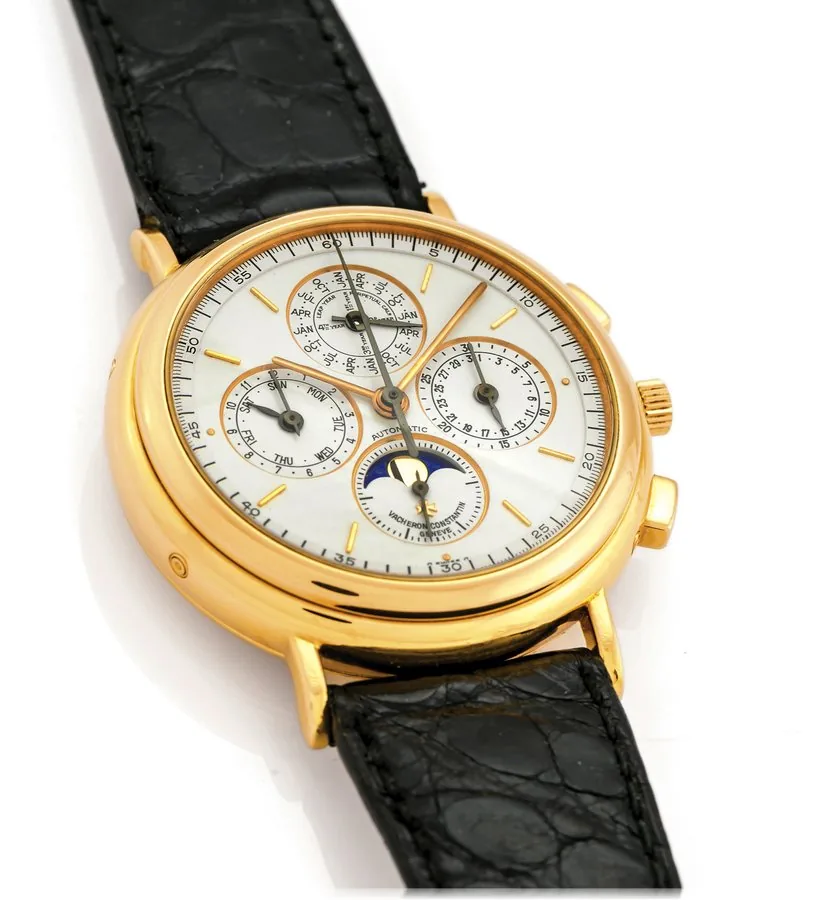 VACHERON CONSTANTIN PERPETUAL CALENDAR CHRONOGRAPH AUTOMATIC PINK GOLD Vacheron Constantin, Genève, "Quantième Perpétuel, Chronographe, Automatic", case No. 633063, Ref. 49005. Made circa 1993. Very fine, self-winding, water-resistant, 18K pink gold wristwatch with square button chronograph, registers, perpetual calendar, moon phases and leap year indication.