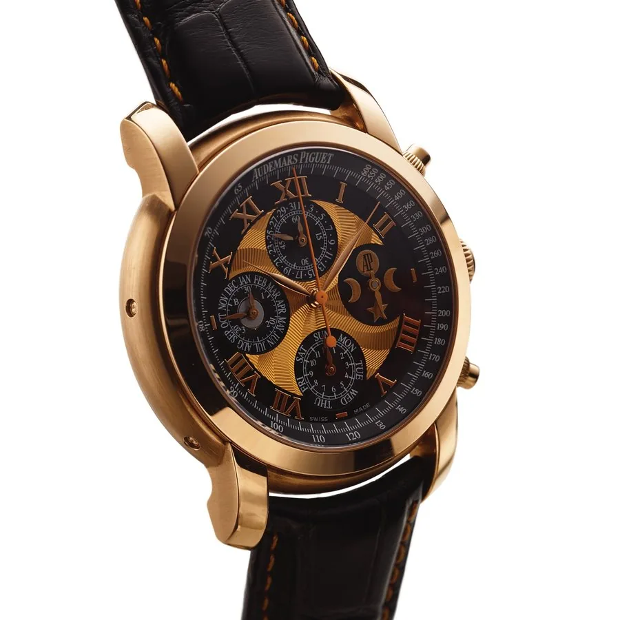 AUDEMARS PIGUET ARNOLD'S ALL STARS LIMITED EDITION PERPETUAL CALENDAR CHRONOGRAPH PINK GOLD Audemars Piguet, Genève, "Arnold's All-Stars After-School Adventures," Limited Edition, Dual Time, Automatic, Chronograph, Perpetual Calendar, case No. F95453, Ref. 26094. Made in a limited edition of 100 pieces in 2007. Very fine and rare, self-winding, water-resistant, two time zone, 18K pink gold wristwatch with perpetual calendar, round button chronograph, phases of the moon, tachometer and an 18K pin