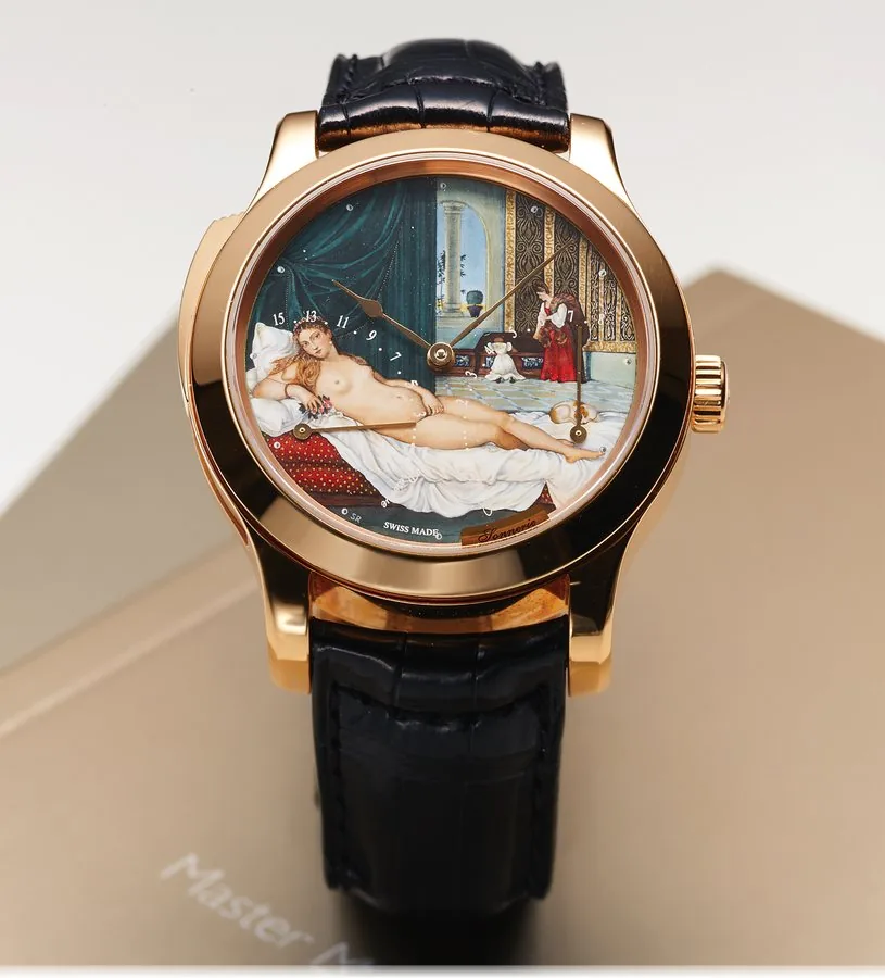 JAEGER-LECOULTRE UNIQUE PIECE VENUS MINUTE REPEATER PINK GOLD Jaeger-LeCoultre, "Pièce Unique Master Minute Repeater Venus,'' case No. 0165, Ref. 151.2.67.S. Unique and exceptional, oversized, minute-repeating, water-resistant 18K pink gold wristwatch with 15-day power reserve indication, Grand Feu enamel miniature ''Venus''and an 18K pink gold Jaeger- LeCoultre double deployant clasp. Accompanied by a Certificate of Origin and instruction booklet.