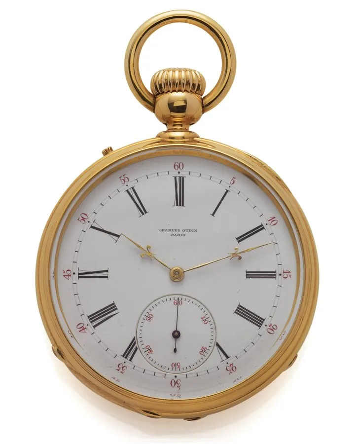 CHARLES OUDIN YELLOW GOLD Charles Oudin, Horloger de la Marine, 52 Palais Royal, Paris, No. 230. Made circa 1870. Very fine and rare, 18K yellow gold keyless pocket watch.