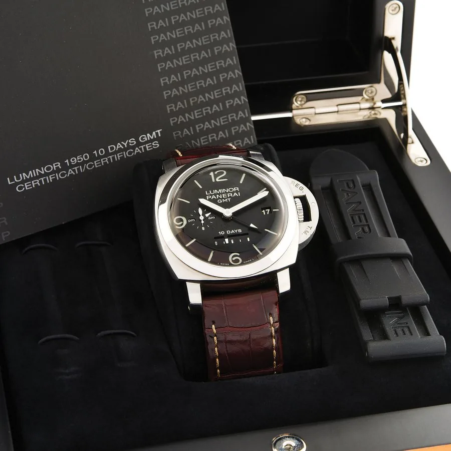 PANERAI PAM 270 LUMINOR GMT Officine Panerai, Firenze 1860, "Luminor 1950 10 Days GMT" Ref. OP6687, Pam 270, No. 0398/1500. Made in a limited edition of 1500 pieces in 2010. Fine and rare, large, cushion-shaped, self-winding, water resistant, stainless steel diver's wristwatch with two time zones, date, 10-days power-reserve indication, am/pm indication and a stainless steel Panerai buckle. Accompanied by the original fitted box, warranty, instruction booklet and additional rubber strap.