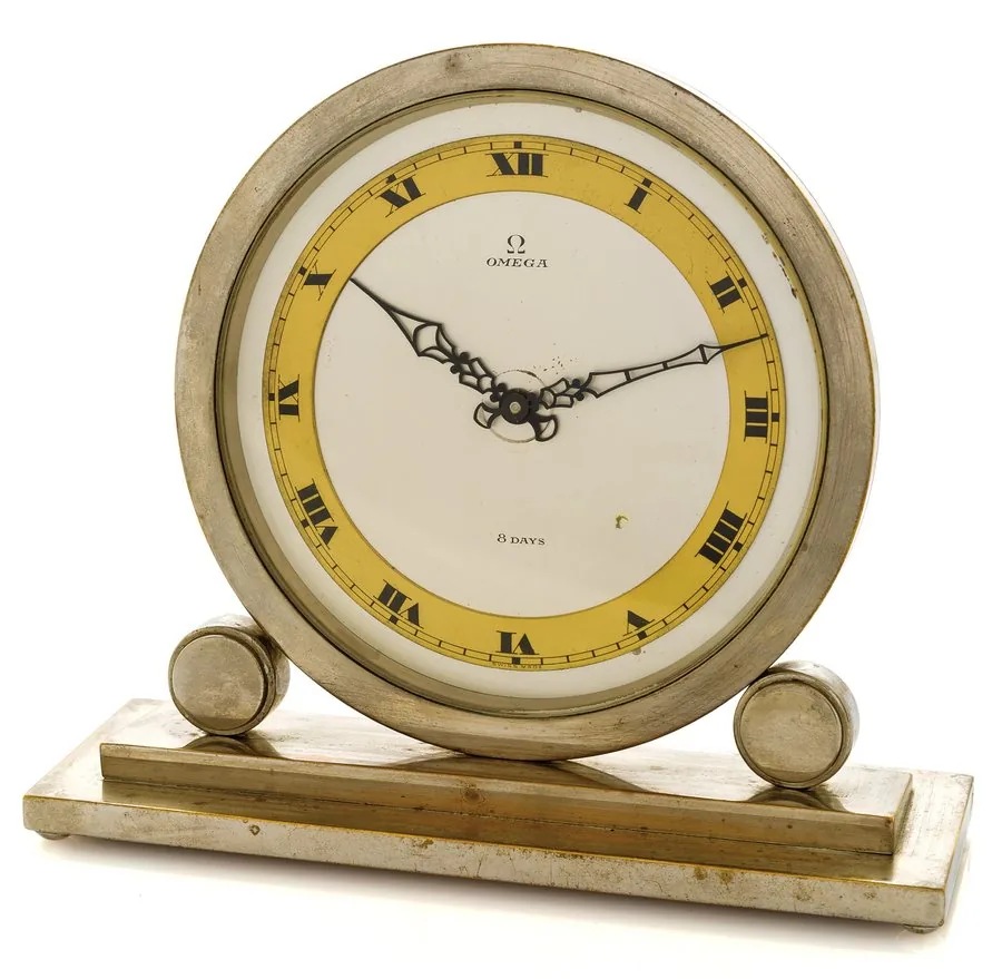 OMEGA ART DECO CLOCK Omega, "8-Days", Swiss, movement No. 6738446, case No. 7545562, Ref. 36.405 A. Made circa 1930. Fine and rare, 8-day going, chromed Art Deco desk clock.
