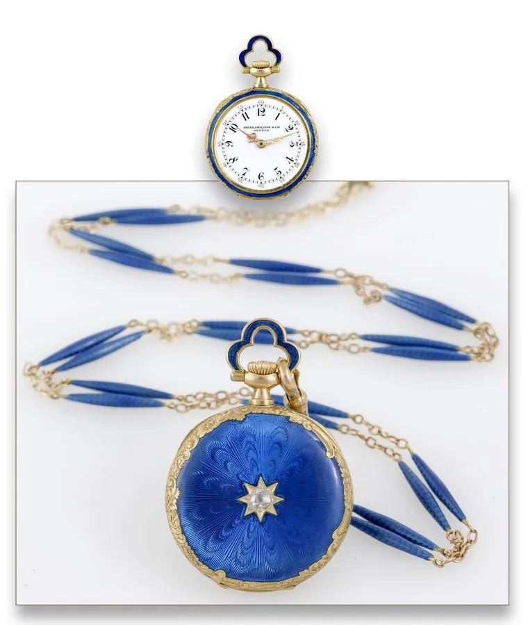 Patek Philippe Enamel & Diamond Pendant Watch Patek Philippe & Cie, Geneve, movement No. 176695, case No. 278487. Made in 1912, sold on October 24th, 1913. Fine and rare, 18K gold, enamel and diamond-set, keyless, lady's pendant watch with a 14K gold and enamel long chain. Accompanied by the Extract from the Archives.