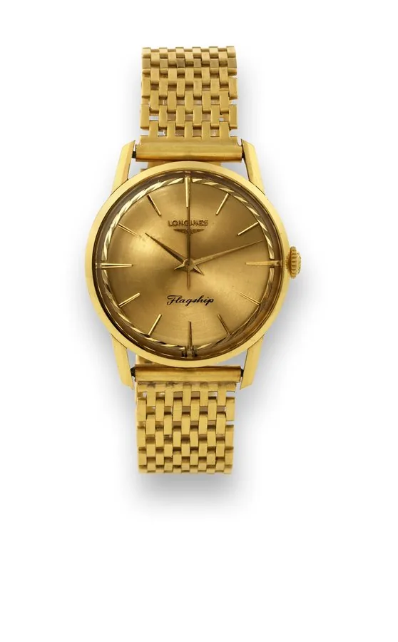 LONGINES FLAGSHIP Longines, Flagship, movement No. 10871956, Ref. 503. Made in the early 1960's. Fine, 18K yellow gold wristwatch with center-seconds and an 18k yellow gold detachable brick link bracelet. Accompanied by a fitted period Omega box.