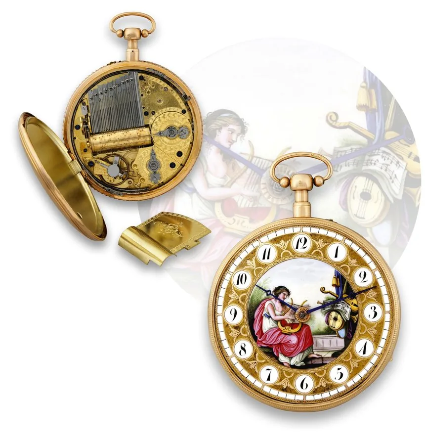MUSICAL QUARTER-REPEATING WATCH WITH PAINTED ENAMEL DIAL Perrin frères, Swiss, No. 8858. Made circa 1820. Extremely rare and fine, musical and quarter-repeating, 18K gold and enamel pocket watch with barillet-type pinned cylinder musical movement.