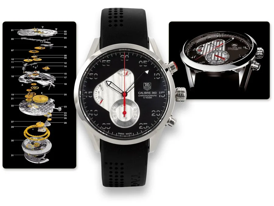 Tag Heuer Calibre 360 concept chronograph Prototype Tag Heuer, "Calibre 360 chronograph", No. 1/1, the world's first mechanical wristwatch with 100th of a second diablotine. Produced in 2005 for the 2005 Basel Fair. Exceptional, self-winding, water-resistant, Grade 5 Titanium (Ti5) gentleman's wristwatch with two trains, round button chronograph, 1/100th second diablotine, 100 minute power reserve and 10 minute register in apertures, and Tag Heuer stainless steel deployant clasp. Prototype first