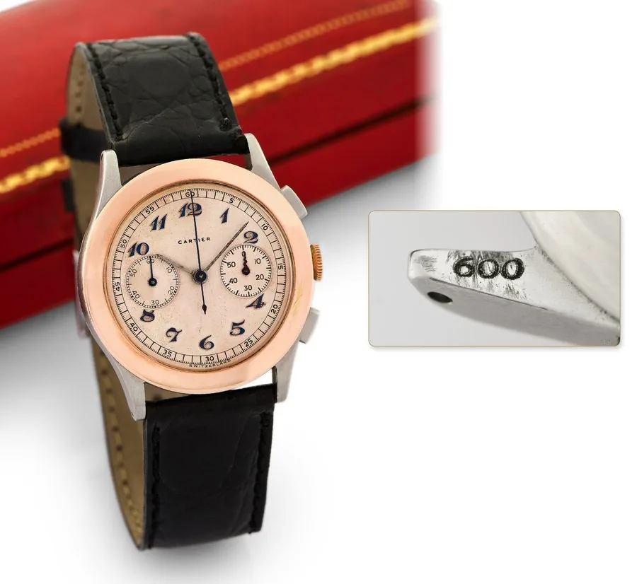 MOVADO REF 19009 RETAILED BY CARTIER, STEEL AND 18K PINK GOLD, BREGUET NUMERALS Movado, 'Chronograph', case No. 98271, Ref. 19009. Made in the 1940s. Fine stainless steel and 18k pink gold wristwatch with square button chronograph and register. Accompanied by the original Cartier fitted box.