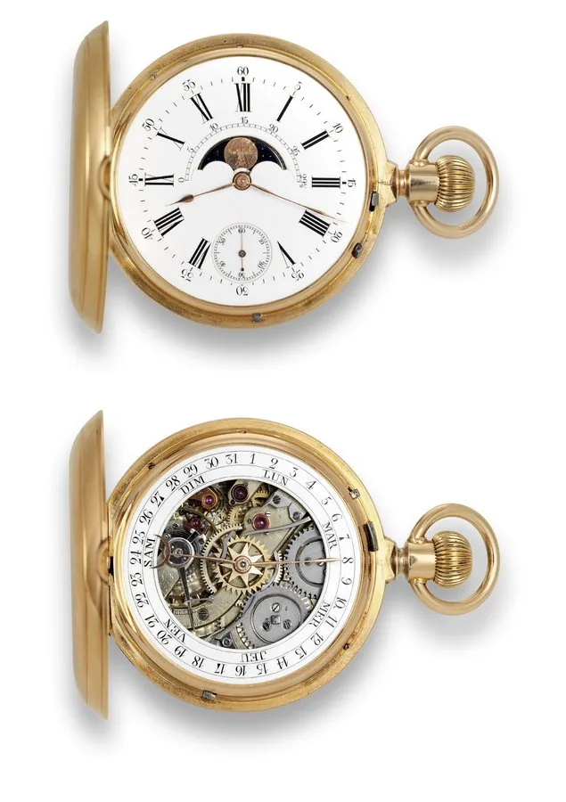 B. Haas Jne & Cie Doubl e-Dialed with Moonph ases and Gravitational Cover Locking Attributed to B. Haas Jne & Cie, Genève - Paris, No. 15297. Made circa 1890. Very fine and rare, 18K pink gold hunting-cased, doubledialed, pocket watch with moon phases, double date calendar and special gravitational locking device for the covers.