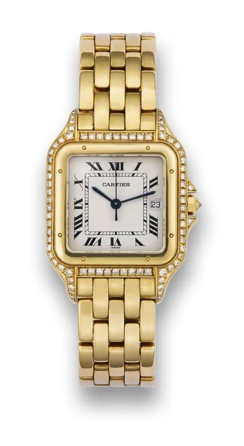 CARTIER PANTHÈRE YELLOW GOLD AND DIAMOND Cartier, case No. 883969, Ref. 004803. Made in the 1990's. Fine, square, center seconds, water-resistant, 18K yellow gold and diamond quartz wristwatch with date and an 18K yellow gold Cartier link bracelet with concealed double deployant clasp.