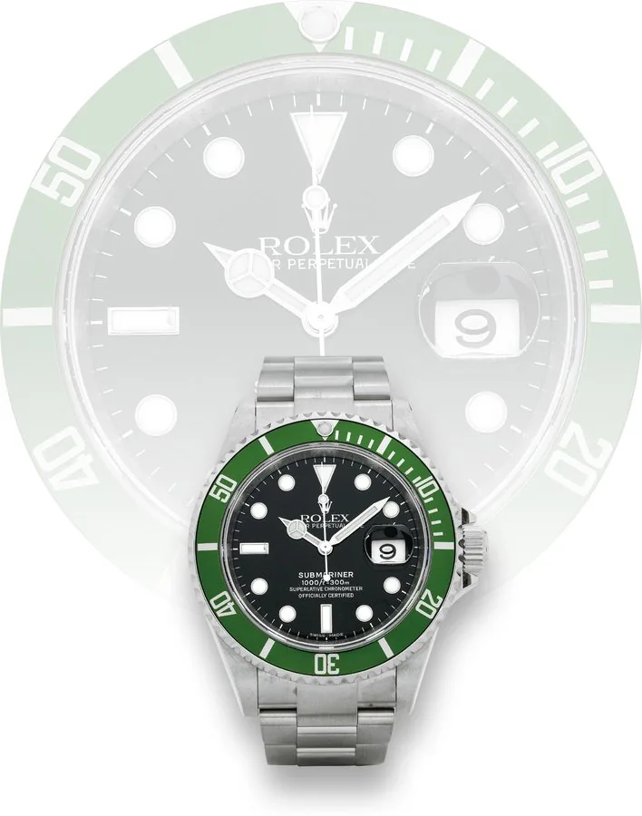 Ref. 16610, Green Bezel Rolex, Oyster Perpetual Date, Submariner, 1000 ft./ 300m, Superlative Chronometer Officially Certified, Ref. 16610LV. Launched in 2003 for the 50th anniversary of the Submariner, made in 2008. Fine, center seconds, self-winding, water-resistant, stainless steel diver's wristwatch with green bezel, date and a stainless steel Rolex Oyster Fliplock bracelet. Accompanied by guarantee (now void), fitted box, booklets and hang tags.
