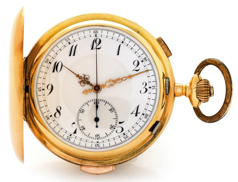MINUTE-REPEATING & CHRONOGRAPH Attributed to Le Phare (C. Barbezat-Baillot, Locle), "Répétition Heures, Quarts Minutes Chronographe", No. 30749. Made circa 1910. Fine, large, hunting-cased, keyless, minute-repeating, 18K gold pocket watch with chronograph. Case numbered.