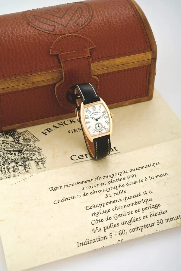 FRANCK MULLER REF. 7502 S6 CASABLANCA PINK GOLD Franck Muller, Genève, Cintrée Curvex, No. 47. Ref. 7502 S6. Made in the 1990s. Very fine, curved tonneau-shaped, water-resistant, 18K pink gold wristwatch with an 18K pink gold Franck Muller buckle. Accompanied by a Franck Muller fitted box and hang-tag.