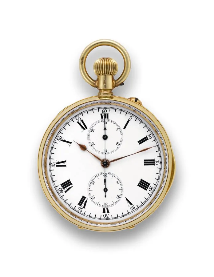 YELLOW GOLD CHRONOGRAPH POCKET WATCH Swiss, case No. 2793291. Made circa 1912. Fine. 18K yellow gold, keyless pocket watch with chronograph and 30-minute register. To be sold without reserve