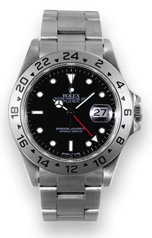 Ref. 16570, Explorer II Rolex, 'Oyster Perpetual Date, Explorer II, Superlative Chronometer, Officially Certified', case No. W840139, Ref. 16570. Made in 1996. Fine, two time zone, center-seconds, self-winding, waterresistant, stainless steel wristwatch with date independently adjustable 12-hour hand and a stainless steel Oyster bracelet.