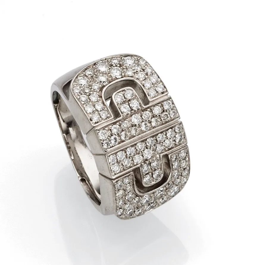 BULGARI DIAMOND RING WHITE GOLD Bulgari , "Parentesi Revolution" Ring, pave-set with round Diamonds (0.84 ct.), mounted in 18K white gold. RING SIZE 6.00.