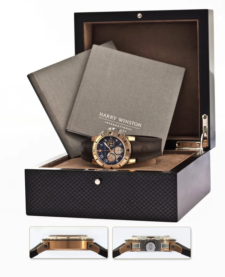 HARRY WINSTON REF.410-MCA44R2 OCEAN DIVER CHRONOGRAPH ROSE GOLD & ZALIUM Harry Winston, Ocean Diver Chronograph, No. 475, Made circa 2010. Very fine and very unusual, self-winding, water-resistant, 18K rose gold and Zalium wristwatch with quadrilateral button chronograph, registers, date and an 18K rose gold Harry Winston buckle. Accompanied by a box and certificate.