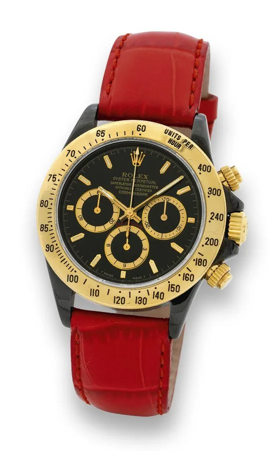 PVD and Gold Daytona Rolex, 'Oyster Perpetual, Superlative Chronometer, Officially Certified, Cosmograph, Daytona,' Ref. 16523. Made in 1997. Fine, self-winding, water-resistant, stainless steel custom PVD coated and 18K yellow gold wristwatch with round button chronograph, registers, tachometer, and a gold-plated Rolex buckle.