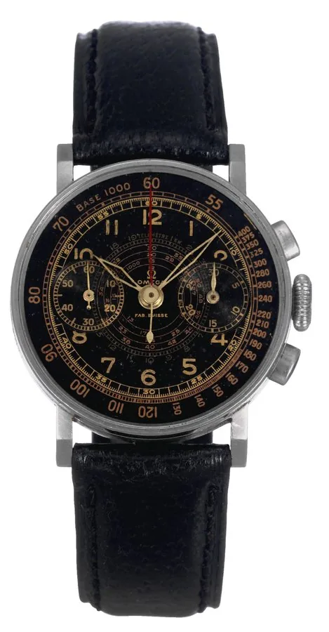 Omega, Fab. Suisse, 'Chronograph, Tachy- Telemeter', movement No. 9390177, case No. 9979309. Made circa 1940. Very fine and rare, stainless steel Staybrite wristwatch with olive-shaped button chronograph, register, telemeter and tachometer, and a steel Omega buckle.
