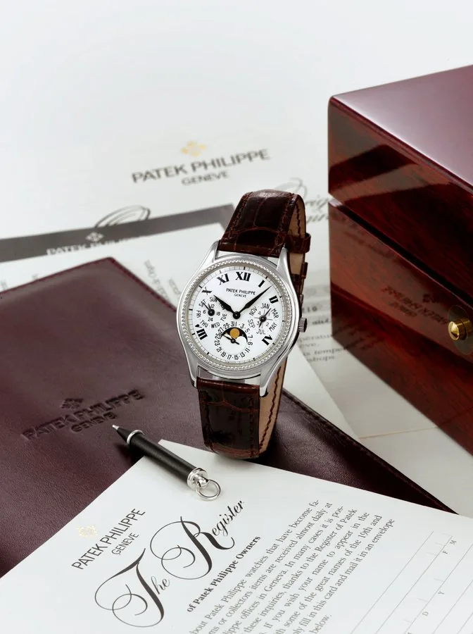 Patek Philippe Ref. 5038 Limited Edition Patek Philippe, Genève, movement No. 776210, case No. 4008433, Ref. 5038. Made in a limited edition of 500 examples in 1996, sold on September 22, 1997. Very fine and very rare, self-winding, 18K white gold wristwatch with perpetual calendar, moon phases, and an 18K white gold Patek Philippe deployant clasp. Accompanied by a Patek Philippe box, setting tool and certificate of origin.