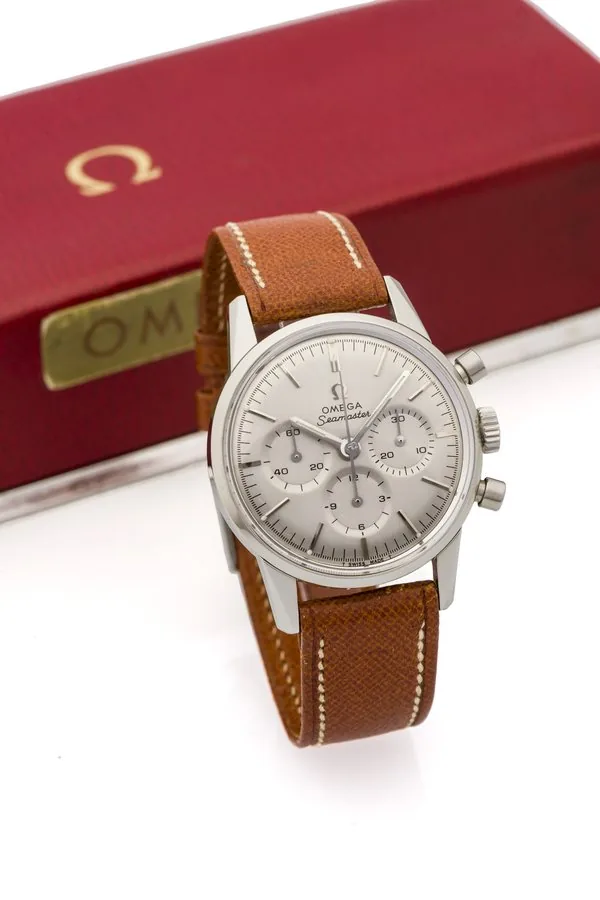 OMEGA REF. 14364-2, SEAMASTER CHRONOGRAPH, STEEL Omega, Seamaster, No. 22088465, Ref. 14364-2. Made circa 1960. Fine and rare, water-resistant, stainless steel wristwatch with round button chronograph, registers and a stainless steel Omega buckle, Accomanied by the original fitted box.