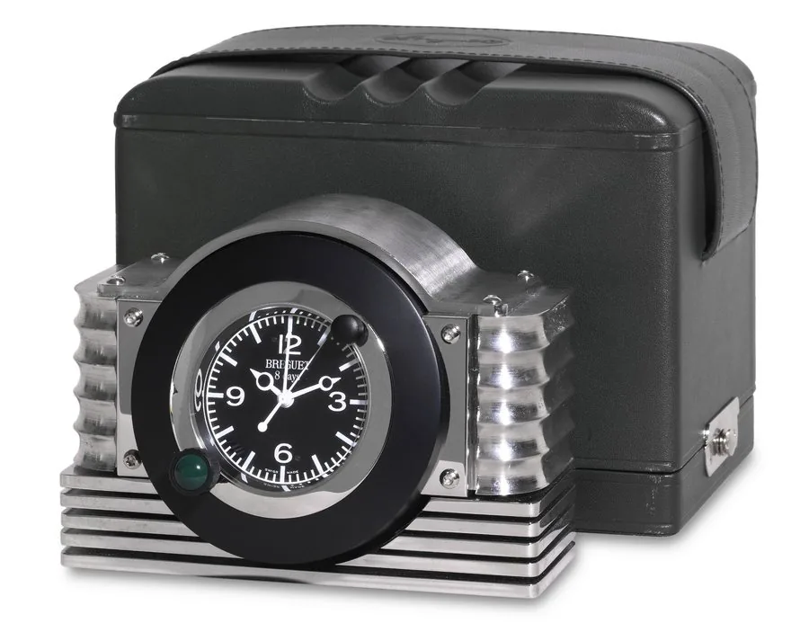 Art Deco-Style with Chronograph Breguet, No. 3527J. Made in a limited edition of 300 pieces from 1998 to 1999. Fine, black patinated and polished stainless steel and aluminum, 8-day going keyless desk clock with chronograph and central progressive minute recording hand. Accompanied by the original fitted box.