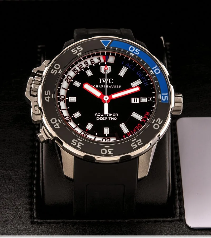 IWC REF 354702 GST DEEP TWO STEEL International Watch Co., Schaffhausen, GST Deep Two, Automatic, case No. 3818103, Ref. 354702. Made circa 2010. Very fine, self-winding, water-resistant to 100 m, stainless steel diver's wristwatch with date, 3 crowns, DEPTH gauge with a stainless steel IWC clasp. Accompanied by a fitted box, blank guarantee, instruction booklet, sticker and cloth.