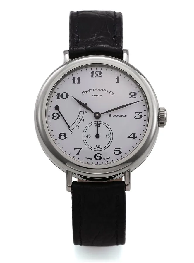 EBERHARD & CO., REF. 20023 EIGHT-DAY STEEL Eberhard & Co., Suisse, "8 Jours", No. 3318, Ref. 21017. Made circa 2008. Fine, large, 18K yellow gold wristwatch with 8-day power reserve Indication and an stainless steel Eberhard buckle. Accompanied by a hang tag.