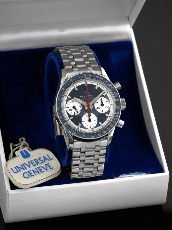 UNIVERSAL REF. 2.892.993 COMPAX CHRONOGRAPH STEEL Universal, Genève, Compax, Case No. 885108, Ref. 2.892.993. Made in the 1970's. Fine, water-resistant, stainless steel wristwatch with round button chronograph, registers, tachometer bezel and a stainless steel Universal link bracelet. Accompanied by a fitted box.