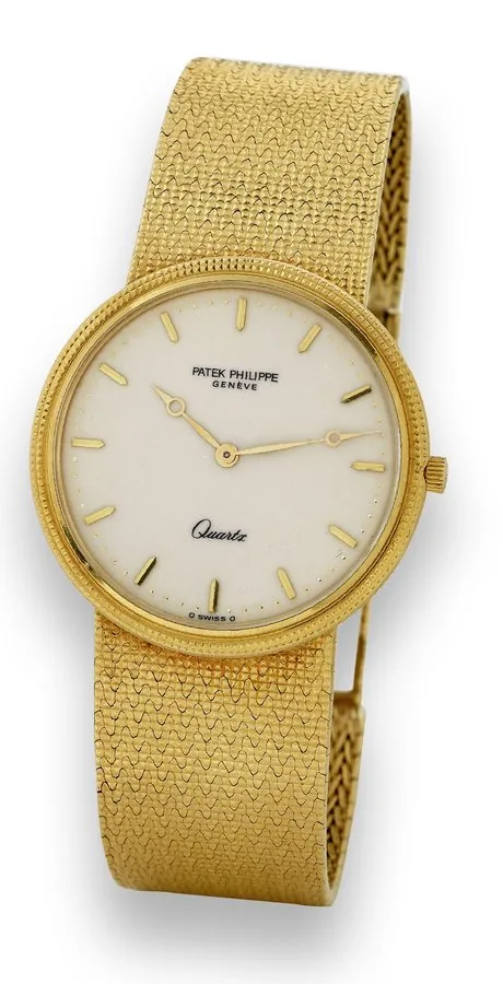 Ref. 3744 Quartz Patek Philippe & Cie, Genève, No. 1502301, case No. 2783340, Ref. 3744-1. Made in 1978, sold December 6th, 1979. Fine, 18K yellow gold quartz wristwatch with an integral 18K yellow gold Patek Philippe Milanese bracelet. Accompanied by the Extract from the Archives.
