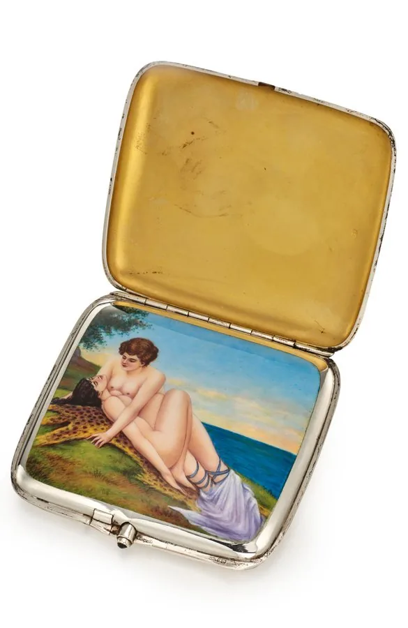 UNSIGNED CIGARETTE CASE WITH CONCEALED SENSUAL SCENE; SILVER, GILDED SILVER AND ENAMEL