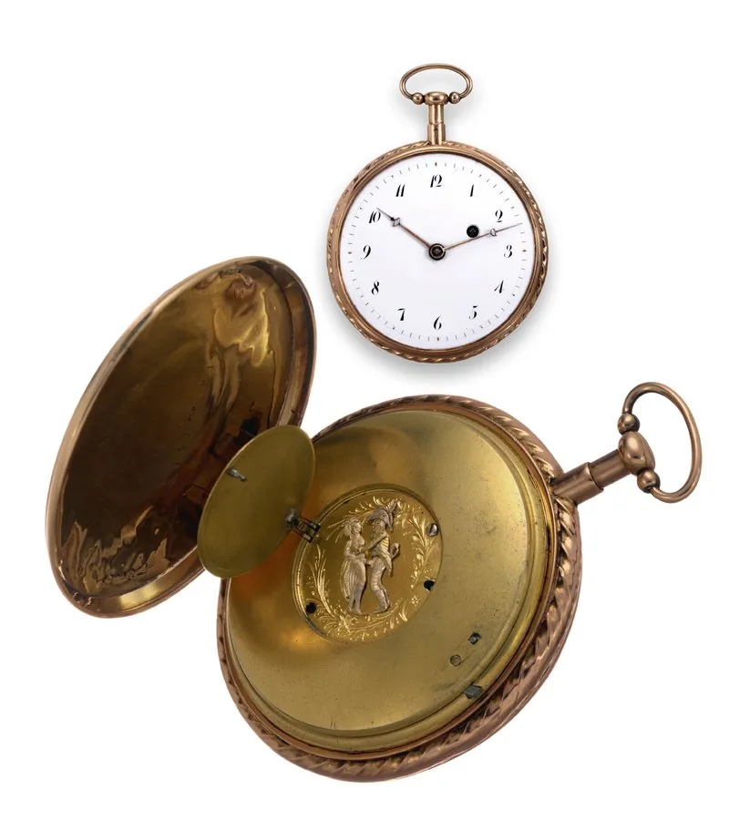 The Officer & The Lady Concealed Erotic Automaton Swiss, case No. 3113. Made circa 1820. Fine and very rare, quarter-repeating, 18K gold pocket watch with concealed erotic automaton.