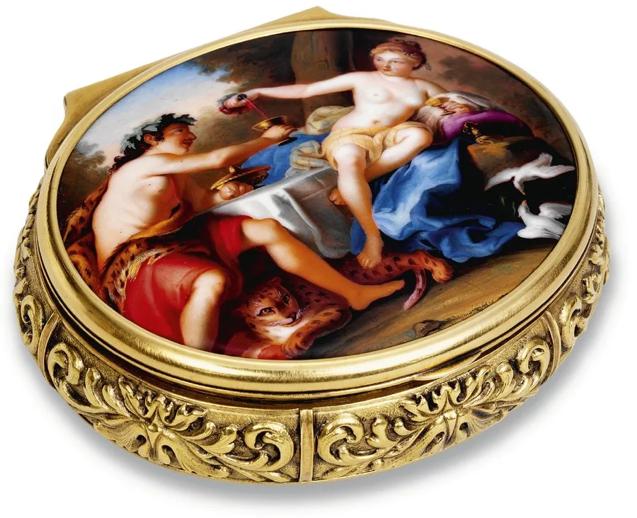 Bacchus and Ariadne French. Made in the 19th century. Very fine, repousse gold and painted on enamel snuff box.