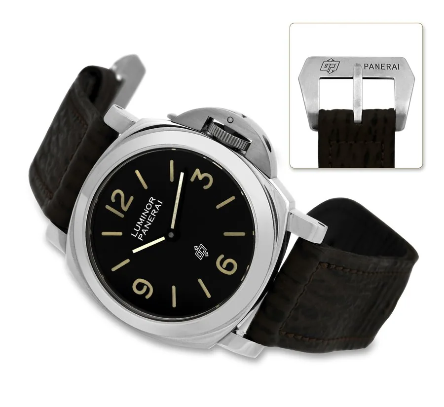PANERAI LOGO PRE-VENDOME Panerai, "Luminor Panerai , Logo", No. 0342, Ref. 5218-201/A. Made in a series of 677 watches in 1993. Fine and very rare, large, cushion-shaped, water-resistant, stainless steel wristwatch with a stainless steel Officine Panerai buckle.