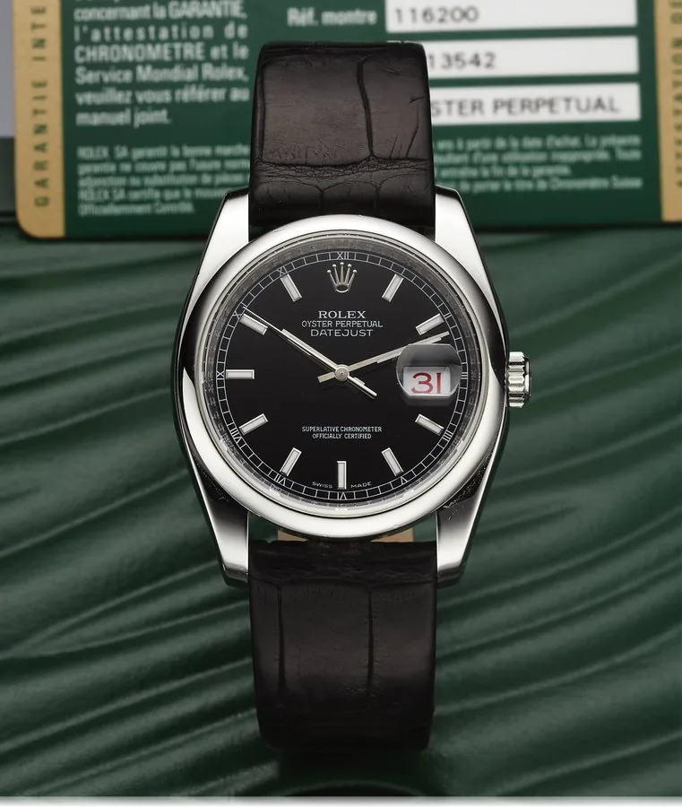 ROLEX REF. 116200 DATEJUST STEEL Rolex, Oyster Perpetual, Datejust, Superlative Chronometer, Officially Certified, case No. V213542, Ref. 116200. Made in 2008. Fine, center seconds, self-winding, water-resistant, stainless steel wristwatch with date and a stainless steel Rolex buckle. Accompanied by the original fitted box, guarantee (now void), hang tag and booklet.