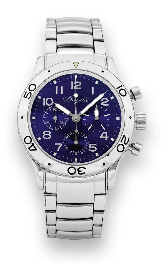 Breguet Steel Type XX Aeronavale Breguet. 'Type XX, - Aeronavale, Automatic," No. 10044, case No. 34358, Ref. 3807. Made in the 1990's. Fine, self-winding, water-resistant, stainless steel wristwatch with round button fly-back chronograph, registers and a stainless steel Breguet link bracelet with deployant clasp.