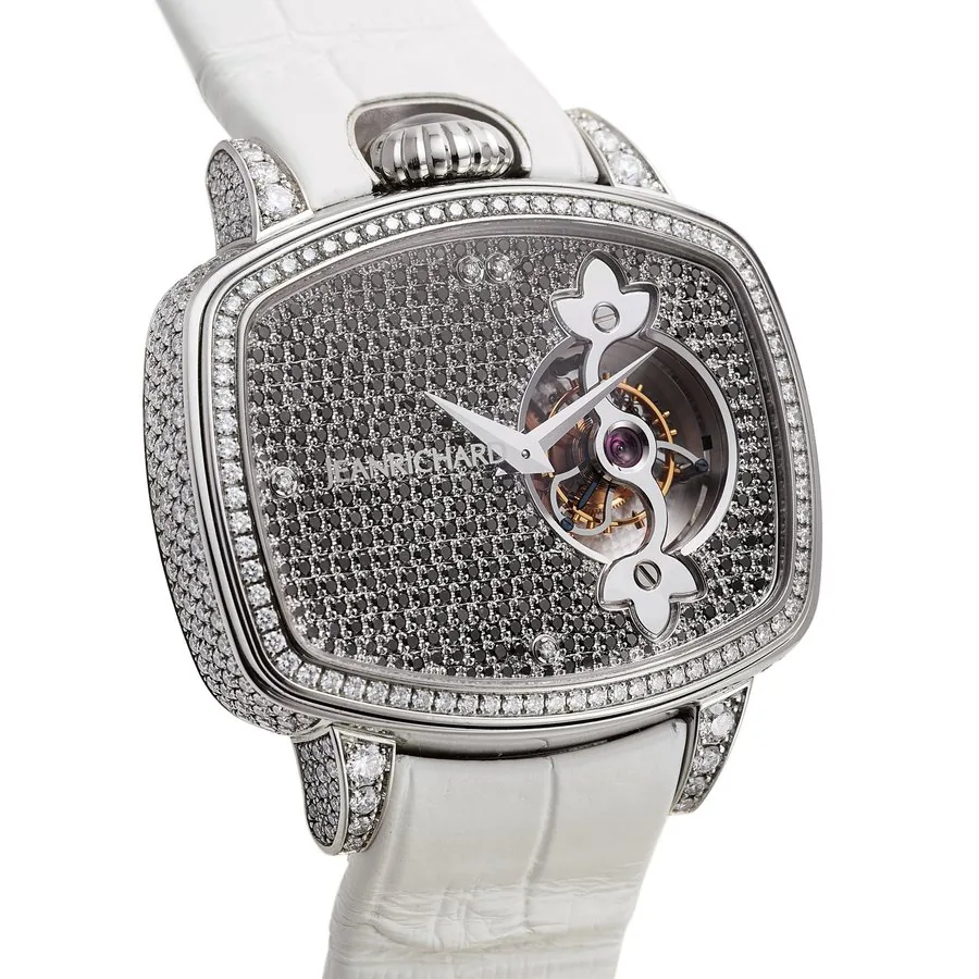 JEANRICHARD MILADY DULCINEE TOURBILLON WHITE GOLD & DIAMOND JeanRichard, Swiss, MiLady Dulcinee Tourbillon. Made circa 2009 Fine and rare ladies 18K white gold, diamond and black diamond tourbillon wristwatch with Jean Richard 18k white gold and diamond buckle.