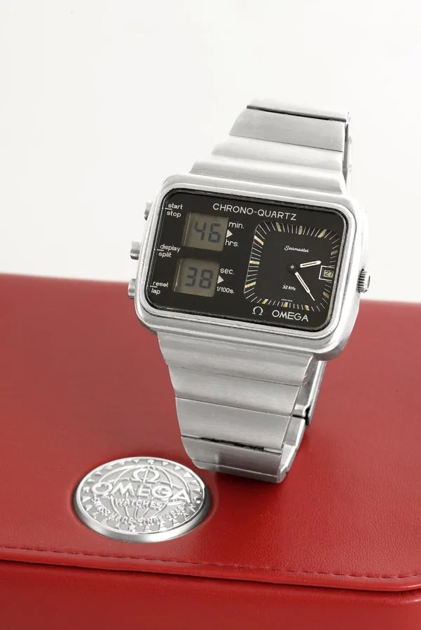 Omega Seamaster Omega, 'Seamaster, Chrono-Quartz, 32 KHz', Ref. ST 196.0052 396.0839. Made in the late 1970s. Fine and unusual, oversized, rectangular, water-resistant, quartz chronometer wristwatch with double LCD digital display for the round button chronograph functions and analogue display for the time function, date, an integral stainless steel Omega 'bar' bracelet with deployant clasp, and a modern Omega box. To be sold without reserve