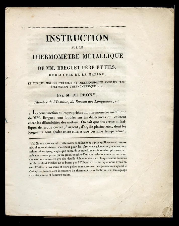 Abraham-Louis BREGUET (1747-1823), horloger. PRONY (de), Instruction sur les Thermomètres Métalliques de MM. Breguet Père et Fils, Horlogers de la Marine.