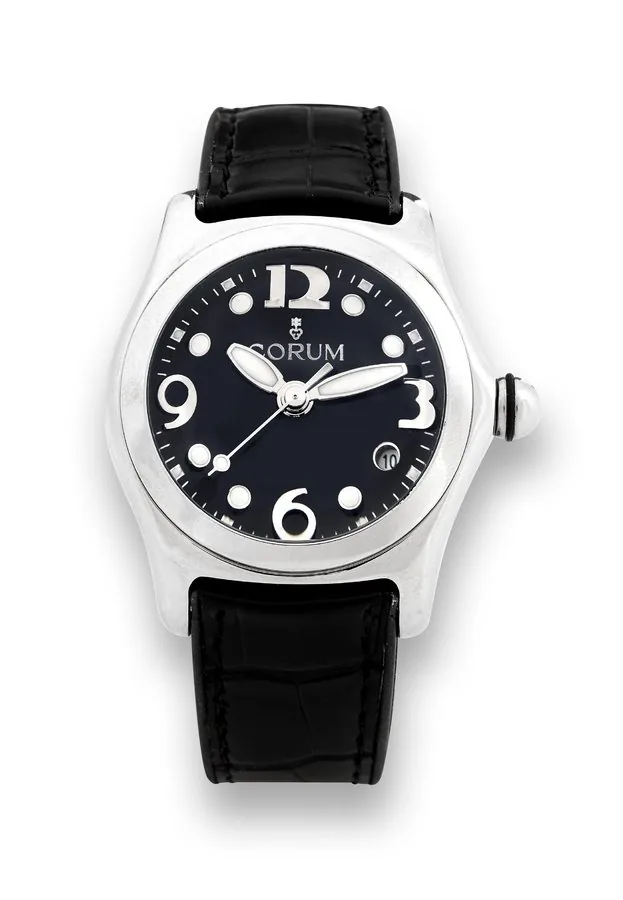 Corum Bubble Corum, 'Bubble,' case No. 744648, Ref. 39.150.20. Made circa 2002. Fine and unusual, center seconds, water-resistant, stainless steel midsize quartz wristwatch with date, thick domed crystal creating a lens effect, and a stainless steel Corum double deployant clasp. Accompanied by the original fitted box, warranty card and booklet. To be sold without reserve