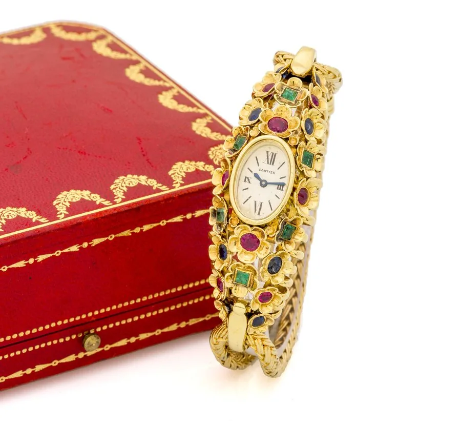 CARTIER, TUTTI FRUTTI A fine and extremely rare, manual wind, 18k yellow gold and stone cocktail dress watch.